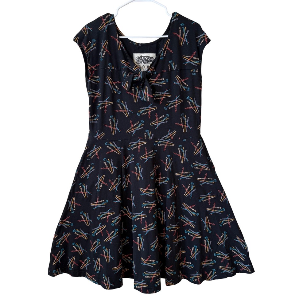 Effie's Heart Paintbrush Print Dress XL Black Fit Flare Pockets Retro Tie Neck